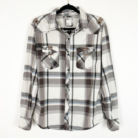 BKE Mens Casual Pearl Snap Shirt Western Plaid Slim Stretch White Gray Medium - Picture 1 of 7